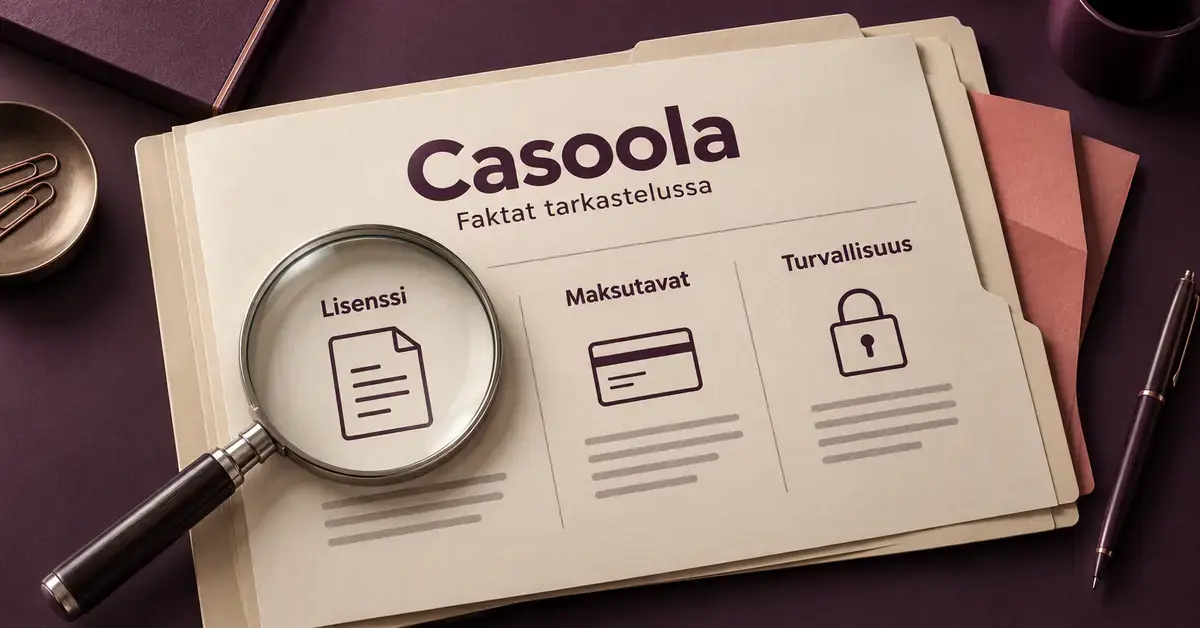 Suurennuslasi Casoolaa käsittelevän asiakirjan päällä korostaa lisenssin, maksutapojen ja turvallisuuden tarkastelua.