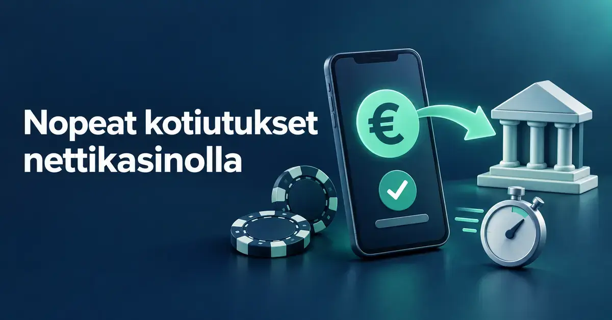 Nettikasinon nopeita kotiutuksia havainnollistava kuva, jossa älypuhelimesta kulkee nuoli kohti pankkia ja vieressä näkyy sekuntikello sekä pelimerkkejä.